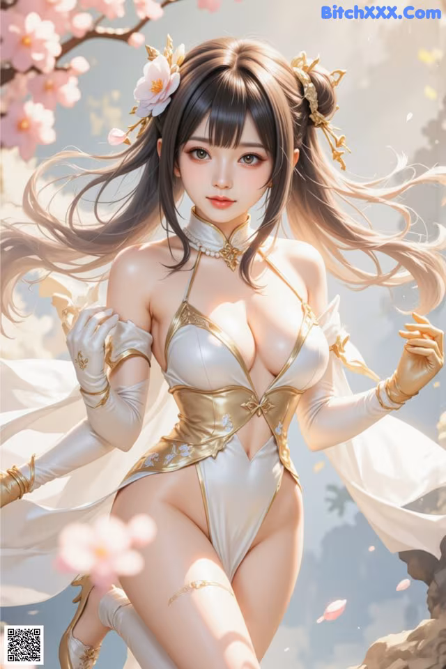 A woman in a white and gold outfit is posing for a picture.