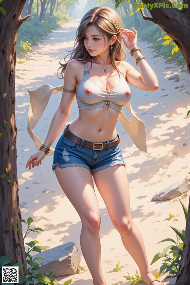 A woman in a bikini and shorts walking down a dirt road.