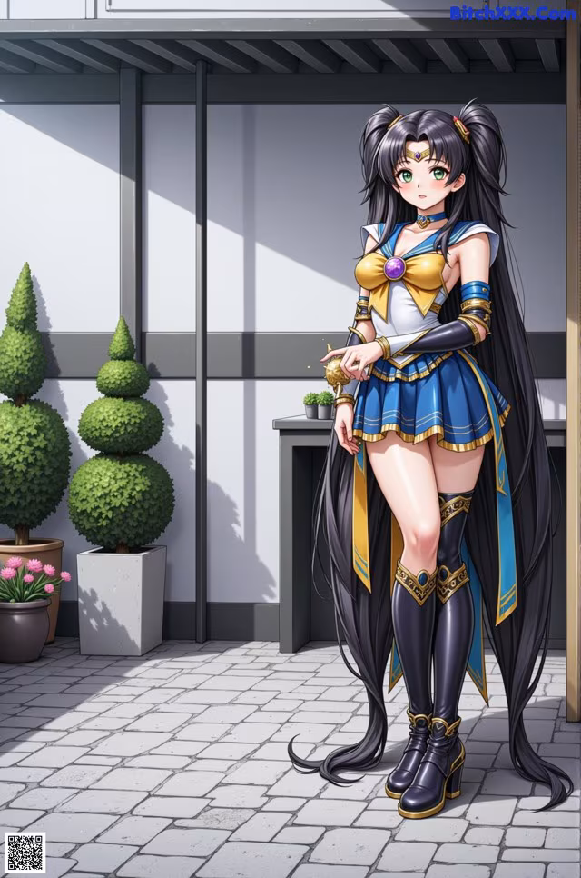 A woman with long black hair standing in front of a building.