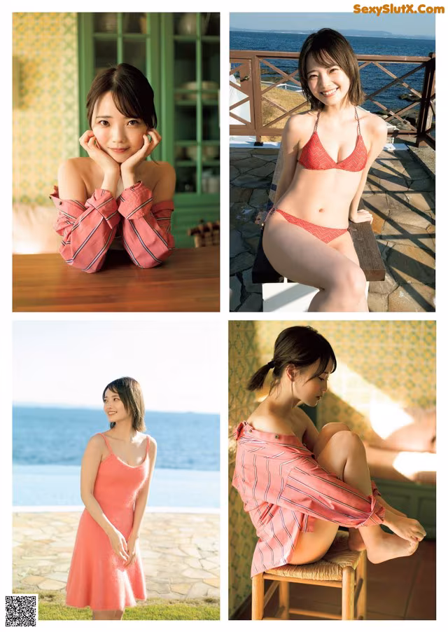 A woman in a red bikini sitting on a chair.