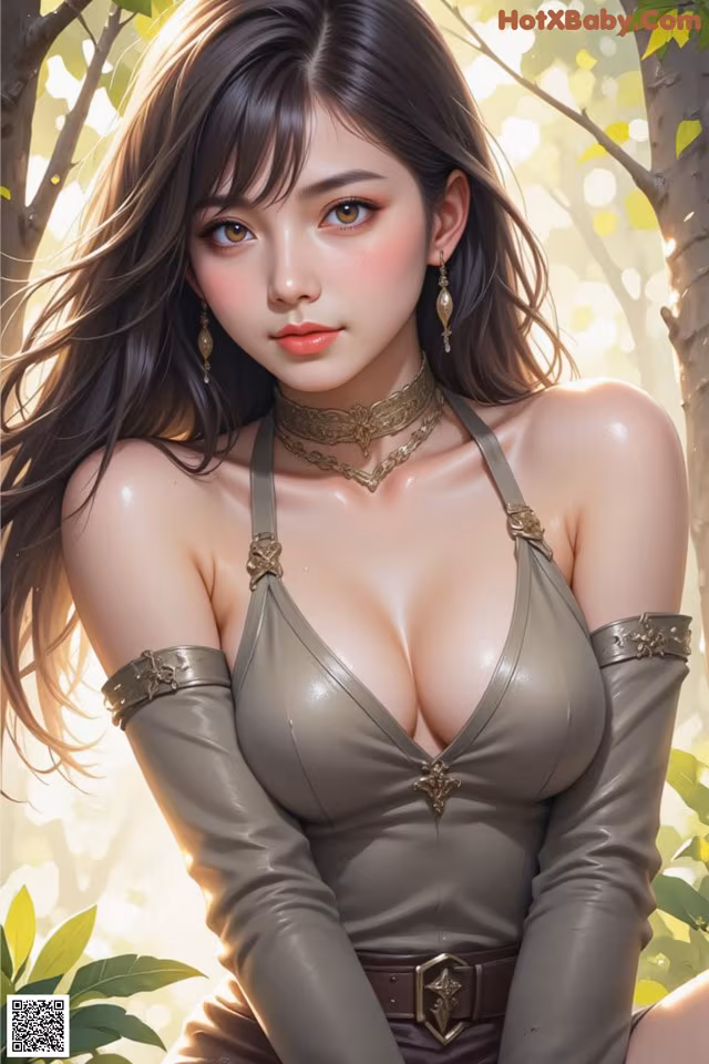 A woman in a leather outfit sitting in a tree.