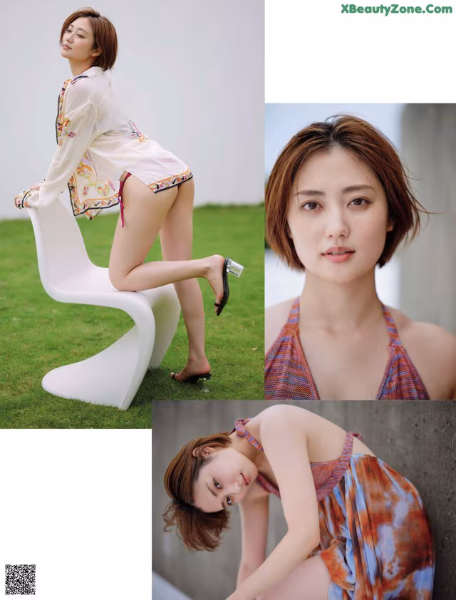 A woman sitting on top of a white chair.