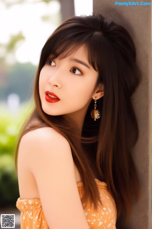 A woman with long brown hair leaning against a wall.