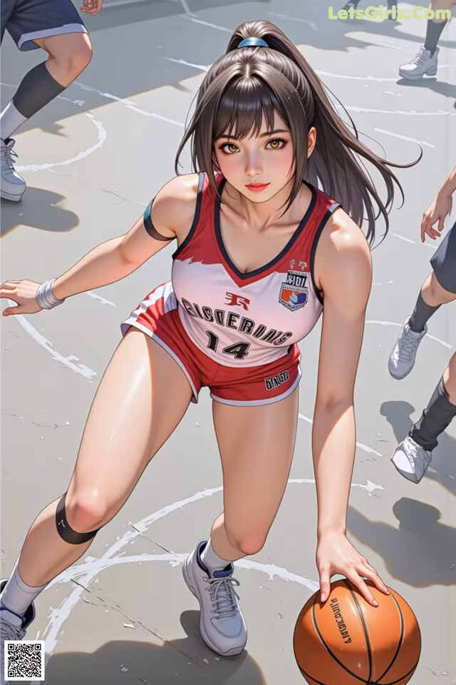 A woman in a red and white uniform holding a basketball.