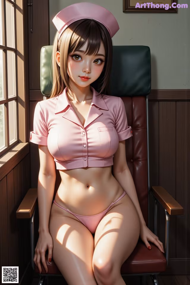 A woman in a pink nurse outfit sitting in a chair.