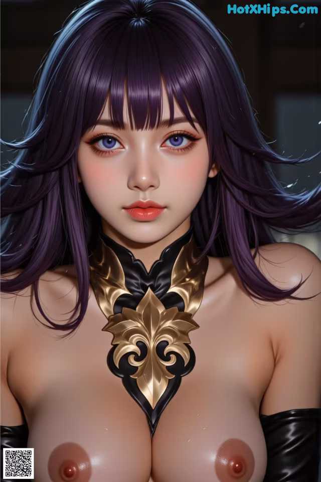 A woman with purple hair wearing a black and gold necklace.