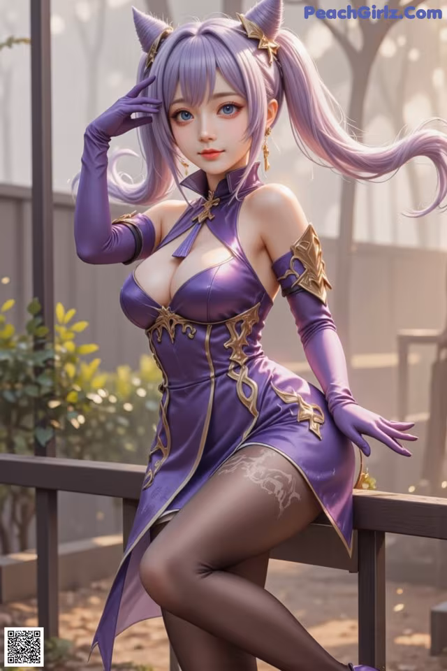 A woman in a purple dress sitting on a bench.