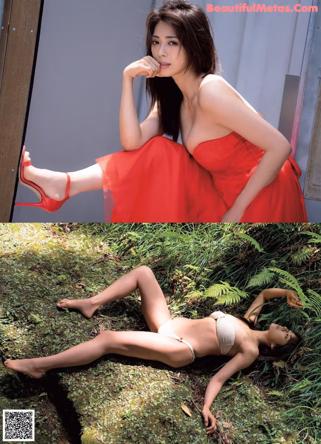 A woman in a red dress laying on the ground.