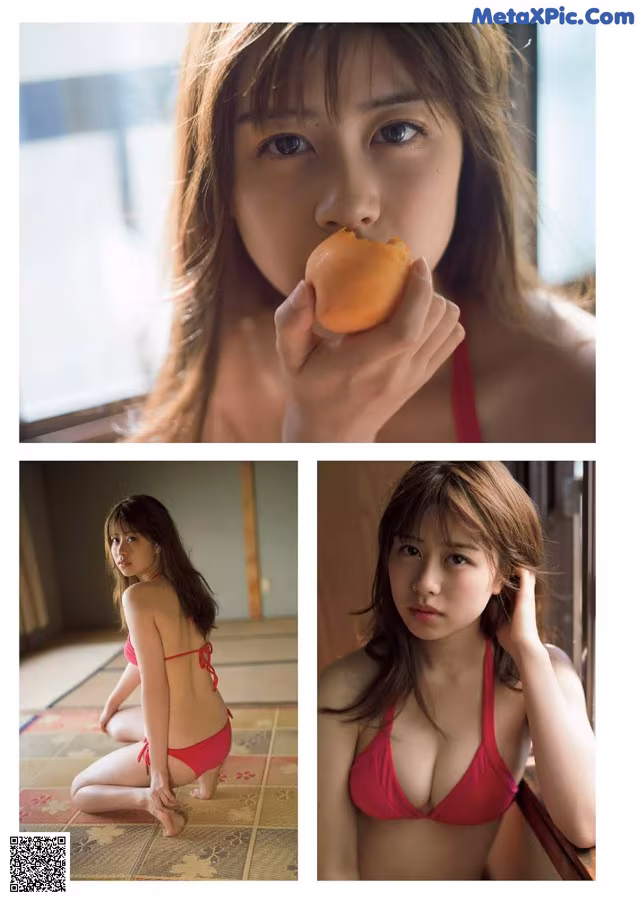 A woman in a red bikini eating an apple.