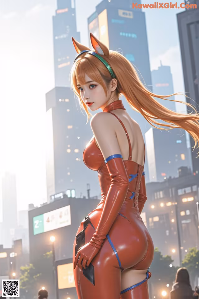 A woman in a red latex outfit standing in the middle of a city.