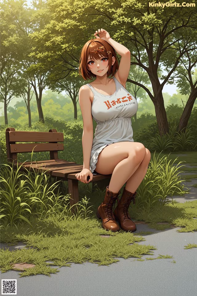 A woman sitting on a bench in a park.