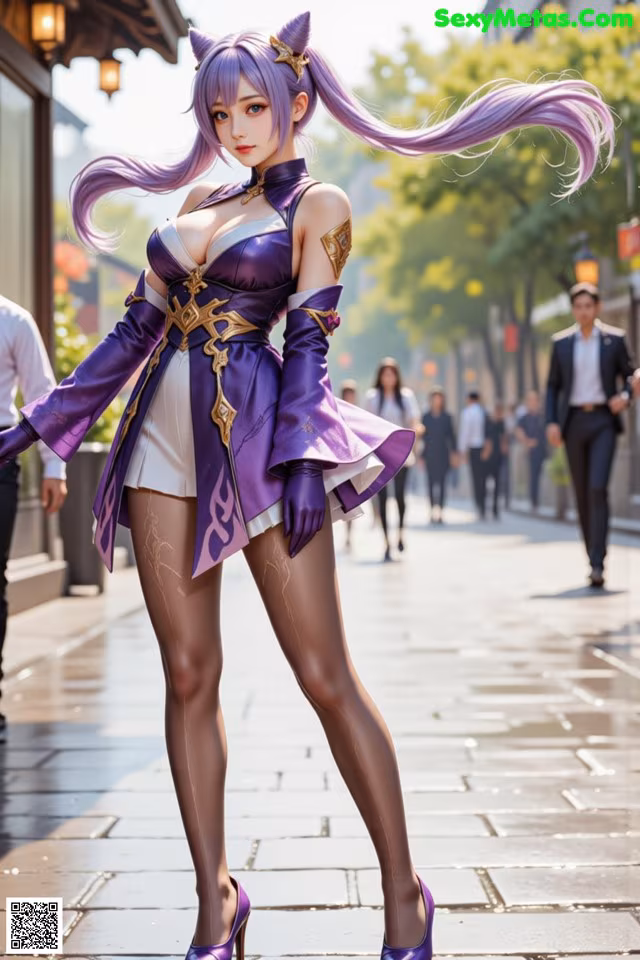 A woman in a purple outfit is walking down the street.